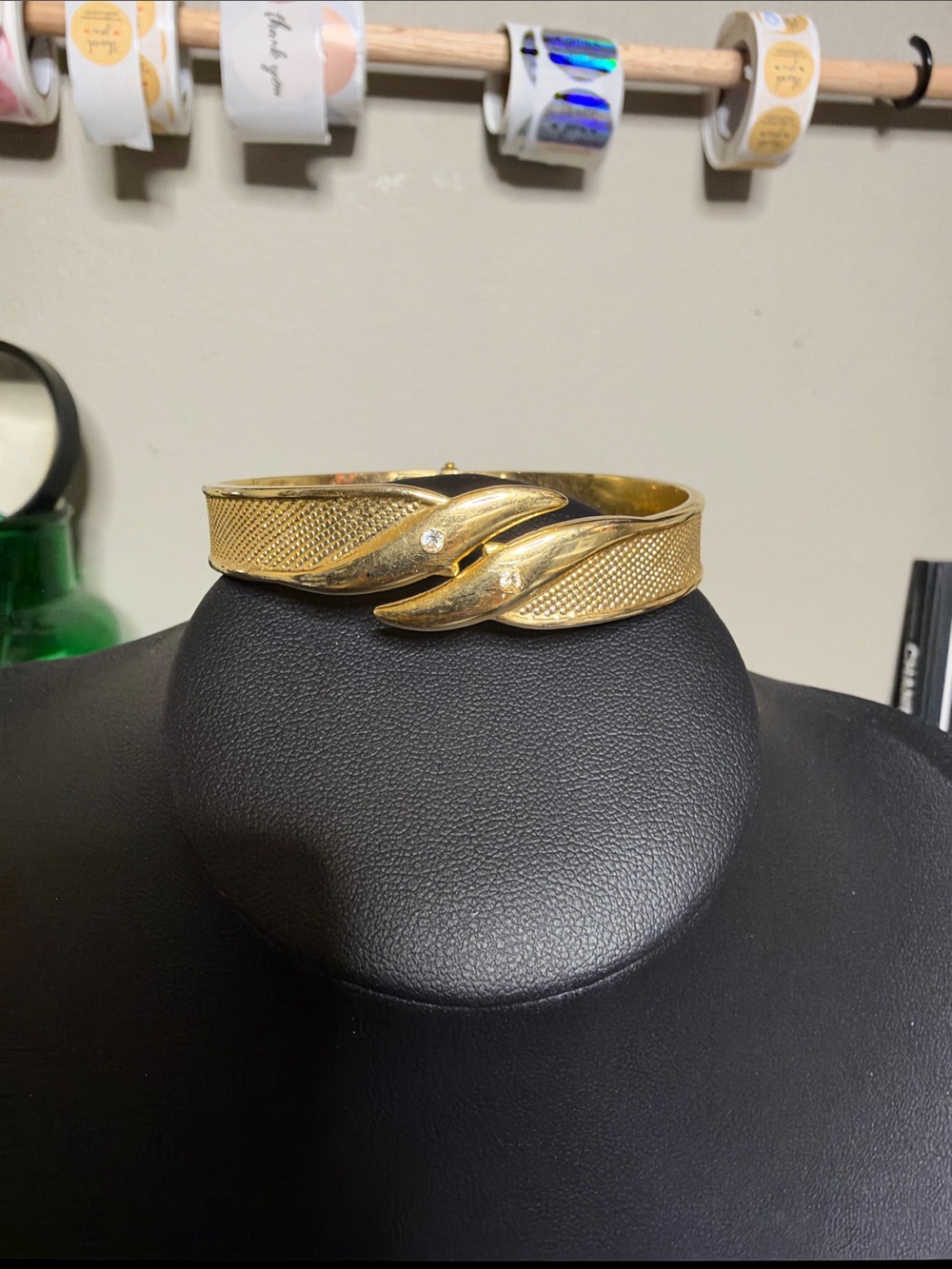 Vintage Gold Sculpted Wave Clamper Bracelet with Textured Panels